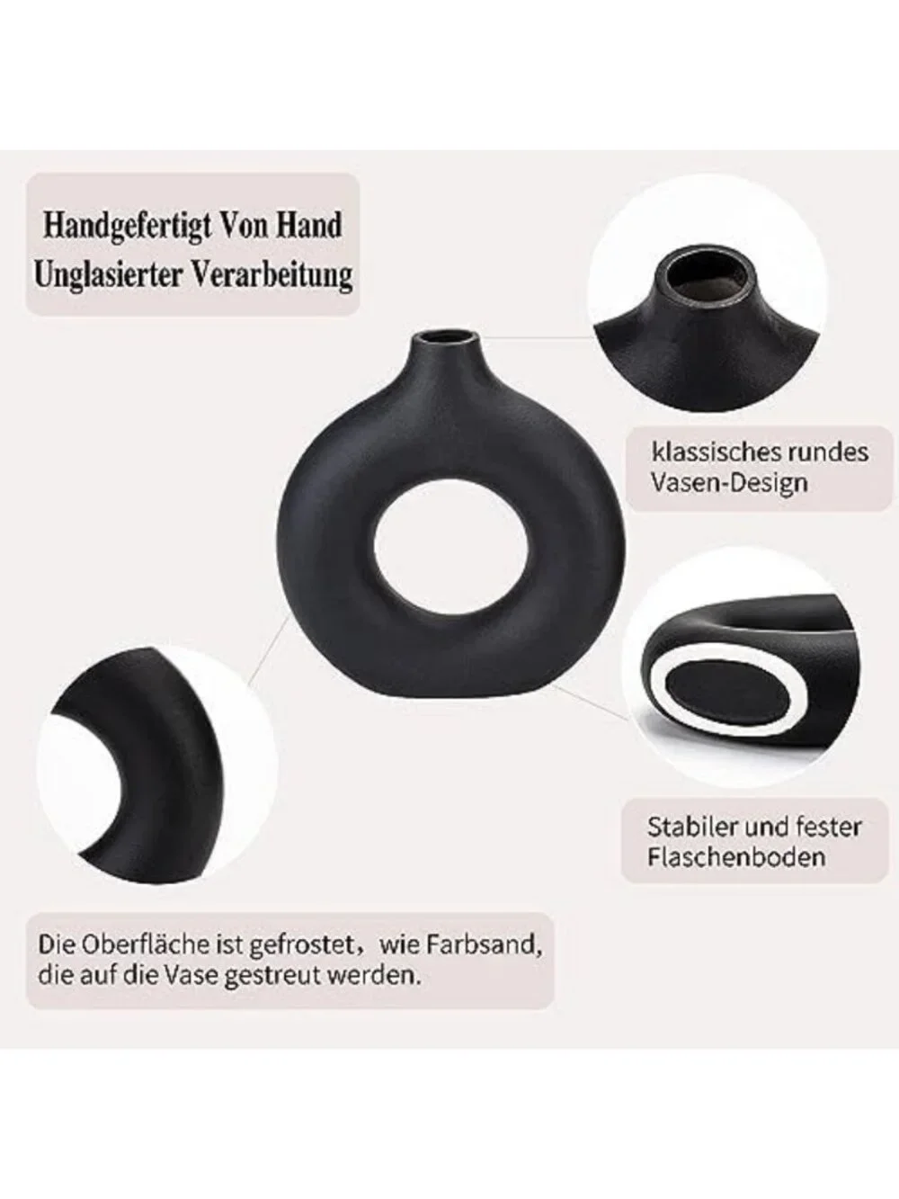 Set of 2 Black Ceramic Donut Vases - Matte Hollow Round Pampas Flower Decor
